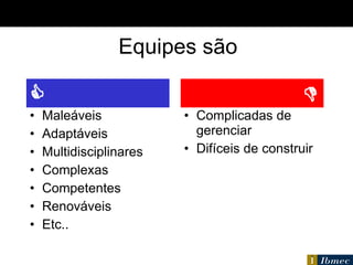 Equipes são Male áveis Adaptáveis Multidisciplinares Complexas Competentes Renováveis Etc.. Complicadas de gerenciar Difíceis de construir   