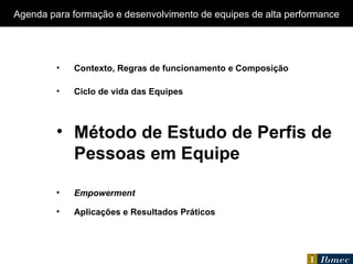 Contexto, Regras de funcionamento e Composição Ciclo de vida das Equipes Método de Estudo de Perfis de Pessoas em Equipe Empowerment Aplicações e Resultados Práticos Agenda  para formação e desenvolvimento de equipes de alta performance 