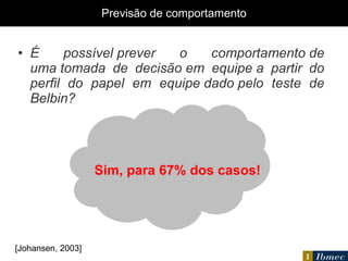 Previsão de comportamento É possível prever o comportamento de uma tomada de decisão em equipe a partir do perfil do papel em equipe dado pelo teste de Belbin?   [Johansen, 2003] Sim, para 67% dos casos! 