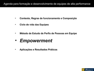 Contexto, Regras de funcionamento e Composição Ciclo de vida das Equipes Método de Estudo de Perfis de Pessoas em Equipe Empowerment Aplicações e Resultados Práticos Agenda  para formação e desenvolvimento de equipes de alta performance 