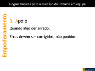 Empowerment 3. A poio Quando algo der errado. Erros devem ser corrigidos, não punidos.   Empoderamento Regras básicas para o sucesso do trabalho em equipe 
