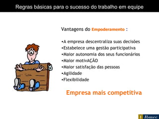 Vantagens do   Empoderamento  : A empresa descentraliza suas decisões Estabelece uma gestão participativa Maior autonomia dos seus funcionários Maior motivAÇÃO Maior satisfação das pessoas Agilidade Flexibilidade Empresa mais competitiva O QUE  FAÇO Regras básicas para o sucesso do trabalho em equipe 