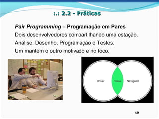 :.: 2.2 - Práticas

Pair Programming – Programação em Pares
Dois desenvolvedores compartilhando uma estação.
Análise, Desenho, Programação e Testes.
Um mantém o outro motivado e no foco.




                                              49
 