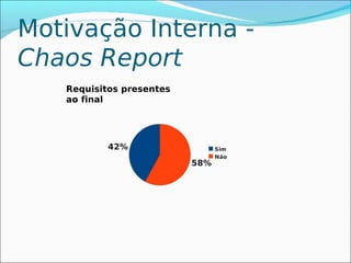 Motivação Interna -
Chaos Report
   Requisitos presentes
   ao final




           42%                  Sim
                                Não
                          58%
 
