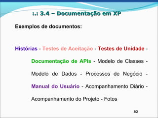 :.: 3.4 – Documentação em XP

Exemplos de documentos:



Histórias - Testes de Aceitação - Testes de Unidade -

      Documentação de APIs - Modelo de Classes -

      Modelo de Dados - Processos de Negócio -

      Manual do Usuário - Acompanhamento Diário -

      Acompanhamento do Projeto - Fotos

                                               82
 