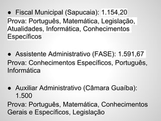 ● Fiscal Municipal (Sapucaia): 1.154,20
Prova: Português, Matemática, Legislação,
Atualidades, Informática, Conhecimentos
Específicos

● Assistente Administrativo (FASE): 1.591,67
Prova: Conhecimentos Específicos, Português,
Informática

● Auxiliar Administrativo (Câmara Guaíba):
  1.500
Prova: Português, Matemática, Conhecimentos
Gerais e Específicos, Legislação
 