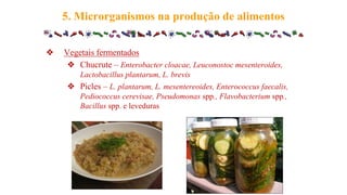 ❖ Vegetais fermentados
❖ Chucrute – Enterobacter cloacae, Leuconostoc mesenteroides,
Lactobacillus plantarum, L. brevis
❖ Picles – L. plantarum, L. mesentereoides, Enterococcus faecalis,
Pediococcus cerevisae, Pseudomonas spp., Flavobacterium spp.,
Bacillus spp. e leveduras
5. Microrganismos na produção de alimentos
 