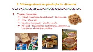 ❖ Vegetais fermentados
❖ Tempeh (fermentado de soja branca) – Rhizopus spp.
❖ Tofu – Mucor spp.
❖ Nato (soja fermentada) – Bacillus subtilis
❖ Poi (cara) – Pseudomonas, Lactobacillus, Streptococcus,
Leuconostoc, Geotrichum candidum
5. Microrganismos na produção de alimentos
 