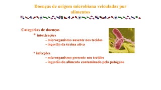 Doenças de origem microbiana veiculadas por
alimentos
Categorias de doenças
* intoxicações
- microrganismo ausente nos tecidos
- ingestão da toxina ativa
* infecções
- microrganismo presente nos tecidos
- ingestão do alimento contaminado pelo patógeno
 