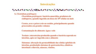 Intoxicações
b. Clostridium perfringens
Clostridium perfringens: bactéria anaeróbia, produtora de
endósporos, quando ingerida em doses de 108 células ou mais
Carnes, aves e peixes crús ou cozidos, principalmente quando
processados em grandes volumes
Contaminação do alimento: água e solo
Toxinas: enterotoxina produzida quando a bactéria esporula no
intestino, após ser ingerida com o alimento
Sintomas: alteração da permeabilidade das células epiteliais do
intestino, produzindo sintomas de gastroenterites, câimbras
intestinais e diarréia, náuseas, vômitos.
 