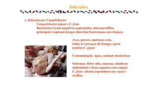 Infecções
c. Infecção por Campilobacter
Campylobacter jejuni e C. fetus
Bastonetes Gram negativos espiralados, microaerófilos,
principais responsáveis por diarréias bacterianas em crianças
Aves, porcos, mariscos crús,
todas as carcaças de frango e peru
contêm C. jejuni
Contaminação: água, animais domésticos
Sintomas: febre alta, náuseas, câimbras
abdominais e fezes aquosas com sangue
C. fetus: aborto espontâneo em vacas e
ovelhas
 
