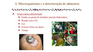 ❖ O que causa a deterioração
❖ Ganho ou perda de umidade: pressão hidrostática
❖ Reação com o O2
❖ Luz
❖ Estresse físico ou abuso
❖ Tempo
3. Microrganismos e a deterioração de alimentos
 