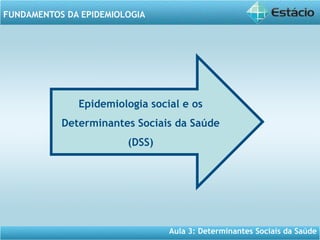 Aula 3: Determinantes Sociais da Saúde
FUNDAMENTOS DA EPIDEMIOLOGIA
Epidemiologia social e os
Determinantes Sociais da Saúde
(DSS)
 