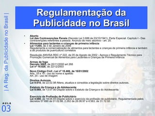 Regulamentação da Publicidade no Brasil Aborto  Lei das Contravenções Penais  (Decreto Lei 3.688 de 03/10/1941). Parte Especial. Capítulo I - Das contravenções referentes à pessoa. Anúncio de meio abortivo - art. 20.  Alimentos para lactentes e crianças de primeira infância Lei 11265,  de 3 de Janeiro de 2006  Regulamenta a comercialização de alimentos para lactantes e crianças de primeira infância e também a de produtos de puericultura correlatos Resolução ANVISA RDC nº 222, de 05 de Agosto de 2002 - Aprova o Regulamento Técnico para Promoção Comercial de Alimentos para Lactentes e Crianças de Primeira Infância.  Armas de fogo  Decreto 3665,  de 20/11/2000 art 268 Lei nº 10.826 , de 22/12/2003 Novo Código Civil - Lei nº 10.406, de 10/01/2002  Arts. 18 e 19 - uso do nome e apelido Art. 20 - uso de imagem Direitos Autorais Lei 9.610 , de 22.02.98 Altera, atualiza e consolida a legislação sobre direitos autorais.  Estatuto da Criança e do Adolescente Lei 8.069,  de 13.07.90 Dispõe sobre o Estatuto da Criança e do Adolescente.  Exercicio da Profissão de Publicitário Lei 4.680 , de 18.06.65 Dispõe sobre o exercício da profissão de publicitário. Regulamentada pelos decretos 57.690 de 01.02.66, 2.262 de 26.06.97 e 4.563, de 31.12.02.  