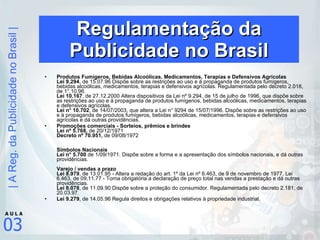 Regulamentação da Publicidade no Brasil Produtos Fumígeros, Bebidas Alcoólicas, Medicamentos, Terapias e Defensivos Agrícolas Lei 9.294 , de 15.07.96 Dispõe sobre as restrições ao uso e à propaganda de produtos fumígeros, bebidas alcoólicas, medicamentos, terapias e defensivos agrícolas. Regulamentada pelo decreto 2.018, de 1°.10.96.  Lei 10.167 , de 27.12.2000 Altera dispositivos da Lei nº 9.294, de 15 de julho de 1996, que dispõe sobre as restrições ao uso e à propaganda de produtos fumígenos, bebidas alcoólicas, medicamentos, terapias e defensivos agrícolas.  Lei n° 10.702 , de 14/07/2003, que altera a Lei n° 9294 de 15/07/1996. Dispõe sobre as restrições ao uso e à propaganda de produtos fumígeros, bebidas alcoólicas, medicamentos, terapias e defensivos agrícolas e dá outras providências. Promoções comerciais - Sorteios, prêmios e brindes Lei nº 5.768,  de 20/12/1971 Decreto nº 70.951,  de 09/08/1972 Símbolos Nacionais  Lei n° 5.700  de 1/09/1971. Dispõe sobre a forma e a apresentação dos símbolos nacionais, e dá outras providências.  Varejo / vendas a prazo  Lei 8.979 , de 13.01.95 - Altera a redação do art. 1º da Lei nº 6.463, de 9 de novembro de 1977. Lei 6.463, de 09.11.77 - Torna obrigatória a declaração de preço total nas vendas a prestação e dá outras providências.  Lei 8.078 , de 11.09.90 Dispõe sobre a proteção do consumidor. Regulamentada pelo decreto 2.181, de 20.03.97.  Lei 9.279 , de 14.05.96 Regula direitos e obrigações relativos à propriedade industrial.  