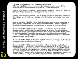 12/2/2009 – Conselho de Ética abre reuniões de 2009  O Conselho de Ética reuniu-se na manhã de hoje pela primeira vez em 2009, discutindo e votando 14 representações éticas. Confira os resultados: Recurso extraordinário Nº 067/08, “Activia funciona para você”, “Crianças”, “Idosos” e “Barriga inchada”. Resultado: sustação por maioria de votos. Recurso extraordinário Nº 086/08, “Pão de Açúcar – Lugar de gente feliz”. Resultado: alteração por unanimidade, agravada por advertência ao anunciante por maioria de votos. Recurso ordinário Nº 210/08, “Kaiser Balé”. Resultado: arquivamento por maioria de votos.Recurso ordinário Nº 265/08, “Probiótica Laboratórios – Nutrição esportiva”. Resultado: alteração agravada por advertência ao anunciante por unanimidade. Representação Nº 333/08 “Procter & Gamble - Ace Naturals Coco”. Resultado: arquivamento por unanimidade.Recurso Ordinário Nº 349/08, “Dia dos Fuzarkas Renner”. Resultado: alteração por maioria de votos.Representação Nº 353/08, “Óleo de Amêndoas Paixão”. Resultado: alteração por unanimidade.Representação Nº 377/08, “Farmácias Pague Menos, em todo Brasil remédio barato é aqui”. Resultado: arquivamento por unanimidade. Representação Nº 408/08, “Schincariol - Toda família tem um moleque muito folgado”. Resultado: sustação por maioria de votos. Representação Nº 410/08, “Amianto Crisotila – A fibra mineral que ajuda o Brasil crescer Resultado: sustação por unanimidade.Representação Nº 421/08, “GVT – A escolha feliz”. Resultado: arquivamento por unanimidade.Representação Nº 428/08, “Mat Inset – Passe de mágica Resultado: alteração por unanimidade.Representação Nº 433/08, “Grupo Bimbo - A hora mais divertida do dia tem Ana Maria”. Resultado: arquivamento por unanimidade.Representação Nº 446/08, “A Comgás já chegou à vila carrão. Dê adeus ao botijão”. Resultado: arquivamento por maioria de votos. 