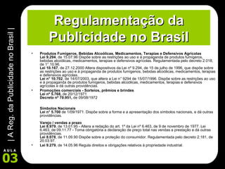 Regulamentação da Publicidade no Brasil Produtos Fumígeros, Bebidas Alcoólicas, Medicamentos, Terapias e Defensivos Agrícolas Lei 9.294 , de 15.07.96 Dispõe sobre as restrições ao uso e à propaganda de produtos fumígeros, bebidas alcoólicas, medicamentos, terapias e defensivos agrícolas. Regulamentada pelo decreto 2.018, de 1°.10.96.  Lei 10.167 , de 27.12.2000 Altera dispositivos da Lei nº 9.294, de 15 de julho de 1996, que dispõe sobre as restrições ao uso e à propaganda de produtos fumígenos, bebidas alcoólicas, medicamentos, terapias e defensivos agrícolas.  Lei n° 10.702 , de 14/07/2003, que altera a Lei n° 9294 de 15/07/1996. Dispõe sobre as restrições ao uso e à propaganda de produtos fumígeros, bebidas alcoólicas, medicamentos, terapias e defensivos agrícolas e dá outras providências. Promoções comerciais - Sorteios, prêmios e brindes Lei nº 5.768,  de 20/12/1971 Decreto nº 70.951,  de 09/08/1972 Símbolos Nacionais  Lei n° 5.700  de 1/09/1971. Dispõe sobre a forma e a apresentação dos símbolos nacionais, e dá outras providências.  Varejo / vendas a prazo  Lei 8.979 , de 13.01.95 - Altera a redação do art. 1º da Lei nº 6.463, de 9 de novembro de 1977. Lei 6.463, de 09.11.77 - Torna obrigatória a declaração de preço total nas vendas a prestação e dá outras providências.  Lei 8.078 , de 11.09.90 Dispõe sobre a proteção do consumidor. Regulamentada pelo decreto 2.181, de 20.03.97.  Lei 9.279 , de 14.05.96 Regula direitos e obrigações relativos à propriedade industrial.  