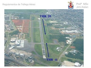 EXEMPLO
RUMO 107 de uma das cabeceiras
cabeceiras
NÚMERO DAS CABECEIRAS
107  110  11
110 +180 = 290  29
Profº MSc
Jimi Aislan
Regulamentos de Tráfego Aéreo
THR 11
THR 29
 