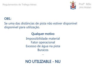 OBS.:
Se uma das distâncias de pista não estiver disponível
disponível para utilização.
Qualquer motivo
Impossibilidade material
Fator operacional
Excesso de água na pista
Buracos
...
NO UTILIZABLE - NU
Profº MSc
Jimi Aislan
Regulamentos de Tráfego Aéreo
 