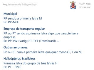 Municipal
PP sendo a primeira letra M
Ex: PP-MLE
Empresa de transporte regular
PP ou PT sendo a primeira letra algo que caracterize a
empresa.
Ex: PP-VIV (Varig) PT-TYT (Transbrasil) ....
Outras aeronaves
PP ou PT com a primeira letra qualquer menos E, F ou M.
Helicópteros Brasileiros
Primeira letra do grupo de três letras H
Ex: PT - HMC
Profº MSc
Jimi Aislan
Regulamentos de Tráfego Aéreo
 