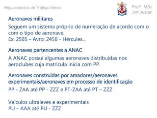 Aeronaves militares
Seguem um sistema próprio de numeração de acordo com o
com o tipo de aeronave.
Ex: 2505 – Avro; 2456 - Hércules...
Aeronaves pertencentes a ANAC
A ANAC possui algumas aeronaves distribuídas nos
aeroclubes cuja matrícula inicia com PP.
Aeronaves construídas por amadores/aeronaves
experimentais/aeronaves em processo de identificação
PP - ZAA até PP - ZZZ e PT-ZAA até PT – ZZZ
Veículos ultraleves e experimentais
PU – AAA até PU - ZZZ
Profº MSc
Jimi Aislan
Regulamentos de Tráfego Aéreo
 