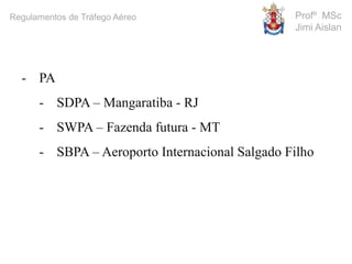 Profº MSc
Jimi Aislan
- PA
- SDPA – Mangaratiba - RJ
- SWPA – Fazenda futura - MT
- SBPA – Aeroporto Internacional Salgado Filho
Regulamentos de Tráfego Aéreo
 