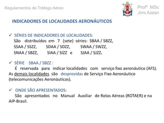  SÉRIES DE INDICADORES DE LOCALIDADES:
São distribuídos em 7 (sete) séries: SBAA / SBZZ,
SSAA / SSZZ, SDAA / SDZZ, SWAA / SWZZ,
SNAA / SBZZ, SIAA / SIZZ e SJAA / SJZZ.
 SÉRIE SBAA / SBZZ :
É reservada para indicar localidades com serviço fixo aeronáutico (AFS).
As demais localidades são desprovidas de Serviço Fixo Aeronáutico
(telecomunicações Aeronáuticas).
 ONDE SÃO APRESENTADOS:
São apresentados no Manual Auxiliar de Rotas Aéreas (ROTAER) e na
AIP-Brasil.
INDICADORES DE LOCALIDADES AERONÁUTICOS
Profº MSc
Jimi Aislan
Regulamentos de Tráfego Aéreo
 