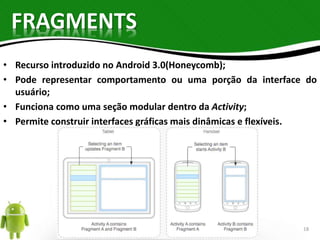 FRAGMENTS 
• Recurso introduzido no Android 3.0(Honeycomb); 
• Pode representar comportamento ou uma porção da interface do 
usuário; 
• Funciona como uma seção modular dentro da Activity; 
• Permite construir interfaces gráficas mais dinâmicas e flexíveis. 
18 
 