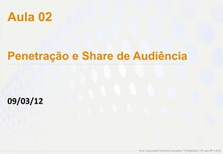 Aula 02


Penetração e Share de Audiência


09/03/12




                      Prof. Leonardo Ferreira Carvalho / PESQUISA / 3º ano PP 2.012
 
