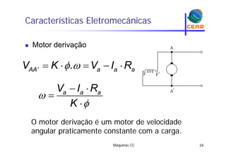 Características Eletromecânicas
Motor derivação Motor derivação
V K V I R     ' .AA a a aV K V I R

 
 a a aV I R

K
O motor derivação é um motor de velocidade
angular praticamente constante com a carga.
Máquinas CC 34
g p g
 