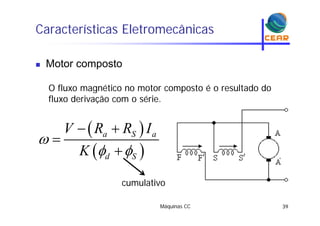 Características Eletromecânicas
Motor composto Motor composto
O fluxo magnético no motor composto é o resultado doO fluxo magnético no motor composto é o resultado do
fluxo derivação com o série.
 a S aV R R I

 

 d SK

 


cumulativo
Máquinas CC 39
 