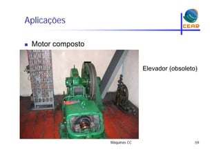 Aplicaçõesp ç
Motor composto Motor composto
Elevador (obsoleto)
Máquinas CC 59
 