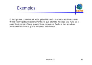 Exemplosp
D. Um gerador cc derivação, 125V, possuindo uma resistência de armadura de
0,15 é carregado progressivamente até que a tensão na carga seja nula. Se a
corrente de carga é 96A e a corrente de campo 4A. Qual é a fem gerada nag p Q g
armadura? Despreze a queda de tensão nas escovas.
Máquinas CC 63
 
