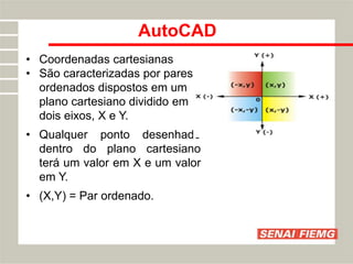 AutoCAD
• Coordenadas cartesianas
• São caracterizadas por pares
ordenados dispostos em um
plano cartesiano dividido em
dois eixos, X e Y.
• Qualquer ponto desenhado
dentro do plano cartesiano
terá um valor em X e um valor
em Y.
• (X,Y) = Par ordenado.
 