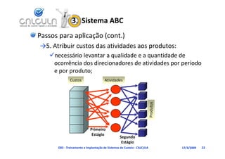 3.  Sistema ABC
Passos para aplicação (cont.)
→5. Atribuir custos das atividades aos produtos:
        b           d        d d          d
   necessário levantar a qualidade e a quantidade de 
         ê i d di i         d     d ti id d            í d
    ocorrência dos direcionadores de atividades por período 
    e por produto;
              Custos                  Atividades




                                                                         Produtos
                                                                         P
                            Primeiro
                             Estágio
                             E tá i
                                                 Segundo
                                                  Estágio
      D03 ‐ Treinamento e Implantação de Sistemas de Custeio ‐ CALCULA              17/3/2009   22
 