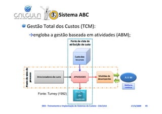 3.  Sistema ABC
Gestão Total dos Custos (TCM):
→engloba a gestão baseada em atividades (ABM);




    Fonte: Turney (1992)


      D03 ‐ Treinamento e Implantação de Sistemas de Custeio ‐ CALCULA   17/3/2009   45
 