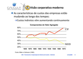2.  Visão corporativa moderna
As características de custos das empresas estão 
mudando ao longo dos tempos:
mudando ao longo dos tempos
→Custos Indiretos vêm aumentando continuamente
                           Componentes do Valor Agregado
    80%
                                                                              CIF
    70%
    60%
    50%
    40%
    30%                                                                       MOD
    20%
              1855 1870 1885 1900 1915 1930 1945 1960 1975

 Fonte: Miller e Vollmann (1985)
           D03 ‐ Treinamento e Implantação de Sistemas de Custeio ‐ CALCULA    17/3/2009   8
 