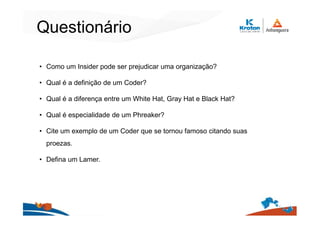 Questionário
• Como um Insider pode ser prejudicar uma organização?
• Qual é a definição de um Coder?
• Qual é a diferença entre um White Hat, Gray Hat e Black Hat?
• Qual é especialidade de um Phreaker?
• Cite um exemplo de um Coder que se tornou famoso citando suas
proezas.
• Defina um Lamer.
 