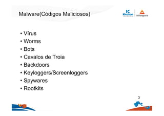 Malware(Códigos Maliciosos)
• Vírus
• Worms
• Bots
• Cavalos de Troia
• Backdoors
• Keyloggers/Screenloggers
• Spywares
• Rootkits
3
 