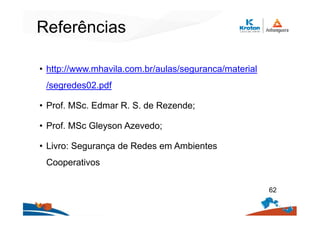 Referências
• http://www.mhavila.com.br/aulas/seguranca/material
/segredes02.pdf
• Prof. MSc. Edmar R. S. de Rezende;
• Prof. MSc Gleyson Azevedo;
• Livro: Segurança de Redes em Ambientes
Cooperativos
62
 