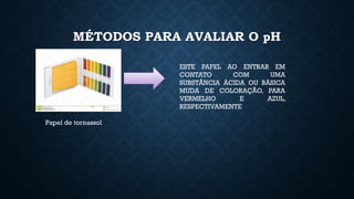 MÉTODOS PARA AVALIAR O pH
Papel de tornassol
ESTE PAPEL AO ENTRAR EM
CONTATO COM UMA
SUBSTÂNCIA ÁCIDA OU BÁSICA
MUDA DE COLORAÇÃO, PARA
VERMELHO E AZUL,
RESPECTIVAMENTE
 