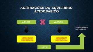 ALTERAÇÕES DO EQUILÍBRIO
ACIDOBÁSICO
ACIDOSE ALCALOSE
• METABÓLICA
• RESPIRATÓRIA
• METABÓLICA
• RESPIRATÓRIA
6,8-7,8
Funcionamento
das proteínas
 