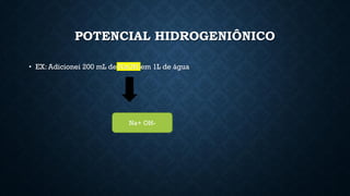 POTENCIAL HIDROGENIÔNICO
• EX: Adicionei 200 mL de NaOH em 1L de água
Na+ OH-
 