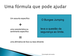 Um assunto específico
                                     O Bungee Jumping

          +
uma característica ou               leva a questão da
sentimento específico               segurança ao limite.

          =
uma afirmativa de foco ou tese eficiente




                                     Comunicação oral e escrita
 