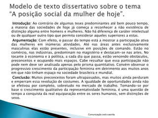 Introdução: Ao contrário de algumas teses predominantes até bem pouco tempo,
a maioria das sociedades de hoje já começa a reconhecer a não existência de
distinção alguma entre homens e mulheres. Não há diferença de caráter intelectual
ou de qualquer outro tipo que permita considerar aqueles superiores a estas.
 Argumentação: Com efeito, o passar do tempo está a mostrar a participação ativa
das mulheres em inúmeras atividades. Até nas áreas antes exclusivamente
masculinas elas estão presentes, inclusive em posições de comando. Estão no
comércio, nas indústrias, predominam no magistério e destacam-se nas artes. No
tocante à economia e à política, a cada dia que passa, estão vencendo obstáculos,
preconceitos e ocupando mais espaços. Cabe ressaltar que essa participação não
pode nem deve ser analisada apenas pelo prisma quantitativo. Convém observar o
progressivo crescimento da participação feminina em detrimento aos muitos anos
em que não tinham espaço na sociedade brasileira e mundial.
 Conclusão: Muitos preconceitos foram ultrapassados, mas muitos ainda perduram
e emperram essa revolução de costumes. A igualdade de oportunidades ainda não
se efetivou por completo, sobretudo no mercado de trabalho. Tomando-se por
base o crescimento qualitativo da representatividade feminina, é uma questão de
tempo a conquista da real equiparação entre os seres humanos, sem distinções de
sexo.



                                             Comunicação oral e escrita
 