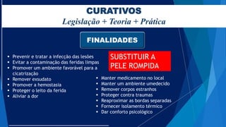 CURATIVOS
Legislação + Teoria + Prática
FINALIDADES
 Prevenir e tratar a infecção das lesões
 Evitar a contaminação das feridas limpas
 Promover um ambiente favorável para a
cicatrização
 Remover exsudato
 Promover a hemostasia
 Proteger o leito da ferida
 Aliviar a dor
 Manter medicamento no local
 Manter um ambiente umedecido
 Remover corpos estranhos
 Proteger contra traumas
 Reaproximar as bordas separadas
 Fornecer isolamento térmico
 Dar conforto psicológico
SUBSTITUIR A
PELE ROMPIDA
 