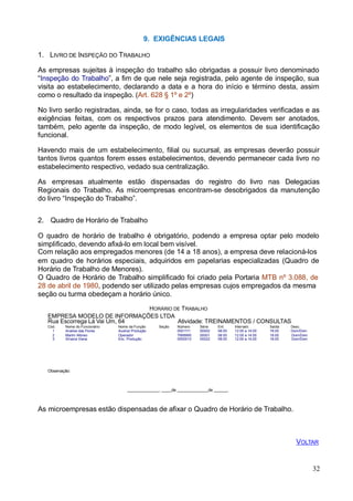 32
9. EXIGÊNCIAS LEGAIS
1. LIVRO DE INSPEÇÃO DO TRABALHO
As empresas sujeitas à inspeção do trabalho são obrigadas a possuir livro denominado
“Inspeção do Trabalho”, a fim de que nele seja registrada, pelo agente de inspeção, sua
visita ao estabelecimento, declarando a data e a hora do início e término desta, assim
como o resultado da inspeção. (Art. 628 § 1º e 2º)
No livro serão registradas, ainda, se for o caso, todas as irregularidades verificadas e as
exigências feitas, com os respectivos prazos para atendimento. Devem ser anotados,
também, pelo agente da inspeção, de modo legível, os elementos de sua identificação
funcional.
Havendo mais de um estabelecimento, filial ou sucursal, as empresas deverão possuir
tantos livros quantos forem esses estabelecimentos, devendo permanecer cada livro no
estabelecimento respectivo, vedado sua centralização.
As empresas atualmente estão dispensadas do registro do livro nas Delegacias
Regionais do Trabalho. As microempresas encontram-se desobrigados da manutenção
do livro “Inspeção do Trabalho”.
2. Quadro de Horário de Trabalho
O quadro de horário de trabalho é obrigatório, podendo a empresa optar pelo modelo
simplificado, devendo afixá-lo em local bem visível.
Com relação aos empregados menores (de 14 a 18 anos), a empresa deve relacioná-los
em quadro de horários especiais, adquiridos em papelarias especializadas (Quadro de
Horário de Trabalho de Menores).
O Quadro de Horário de Trabalho simplificado foi criado pela Portaria MTB nº 3.088, de
28 de abril de 1980, podendo ser utilizado pelas empresas cujos empregados da mesma
seção ou turma obedeçam a horário único.
HORÁRIO DE TRABALHO
EMPRESA MODELO DE INFORMAÇÕES LTDA
Rua Escorrega Lá Vai Um, 64 Atividade: TREINAMENTOS / CONSULTAS
Observação:
, de de .
As microempresas estão dispensadas de afixar o Quadro de Horário de Trabalho.
VOLTAR
Cód.
1
Nome do Funcionário
Analise das Flores
Nome da Função
Auxiliar Produção
Seção Número
0001111
Série
00002
Ent.
08:00
Intervalo
12:00 a 14:00
Saída
18:00
Desc.
Dom/Dom
2 Martin Afonso Operador 7668995 00001 08:00 12:00 a 14:00 18:00 Dom/Dom
3 Silvana Viana Enc. Produção 0000010 00022 08:00 12:00 a 14:00 18:00 Dom/Dom
 