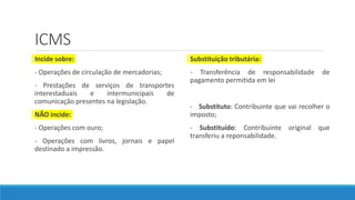 ICMS
Incide sobre:
- Operações de circulação de mercadorias;
- Prestações de serviços de transportes
interestaduais e intermunicipais de
comunicação presentes na legislação.
NÃO incide:
- Operações com ouro;
- Operações com livros, jornais e papel
destinado a impressão.
Substituição tributária:
- Transferência de responsabilidade de
pagamento permitida em lei
- Substituto: Contribuinte que vai recolher o
imposto;
- Substituído: Contribuinte original que
transferiu a reponsabilidade.
 