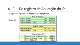 4. IPI – Do registro de Apuração do IPI
- A apuração pode ser mensal ou decendial;
- Exemplo:
 