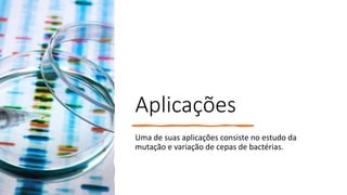 Aplicações
Uma de suas aplicações consiste no estudo da
mutação e variação de cepas de bactérias.
 